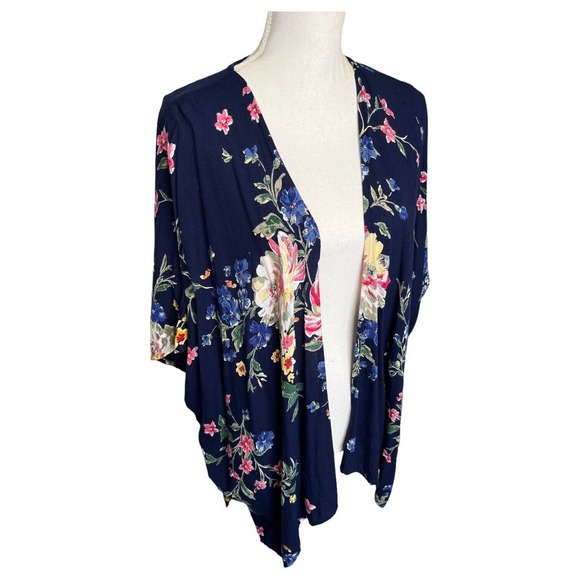 Angie Kimono Womens S Boho Floral Print Open Cardigan Drape Dolman Navy Blue - Picture 2 of 12